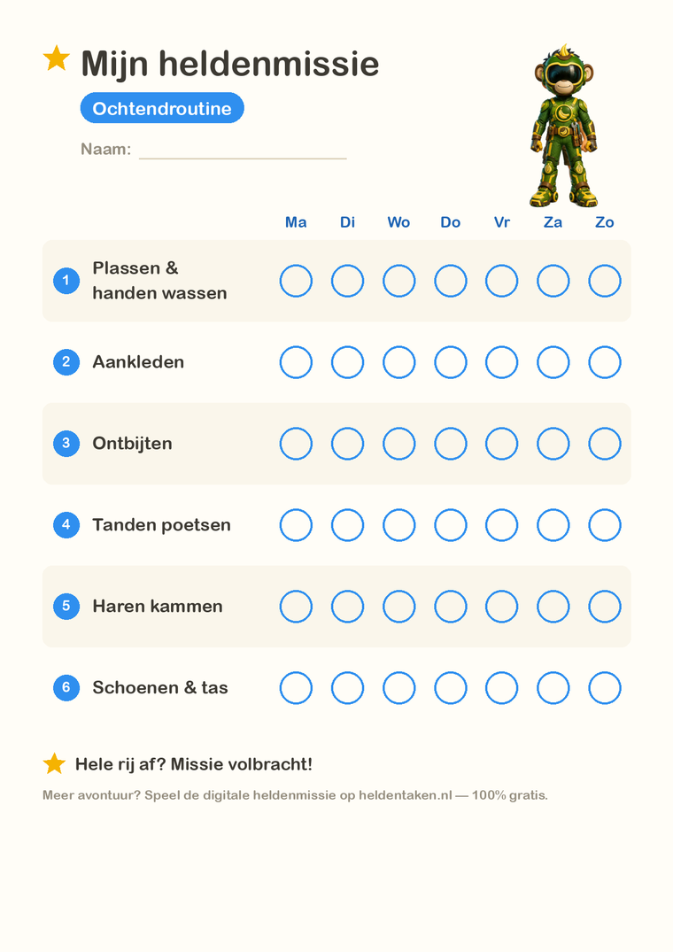 Voorbeeld van de printbare routinekaart: zes ochtendtaken met afvinkcirkels per weekdag